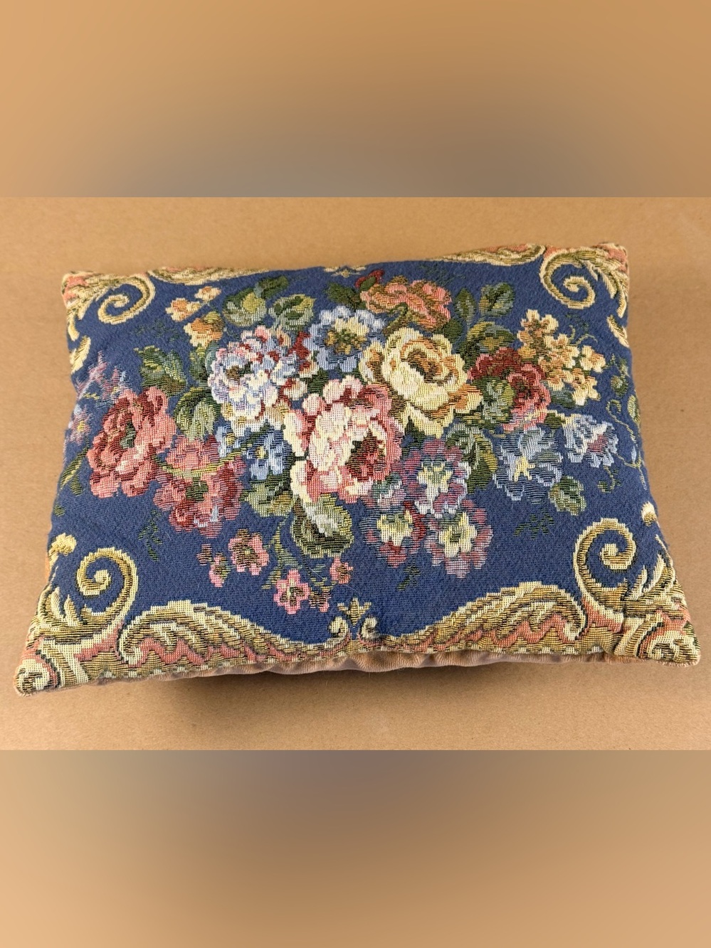 Vintage Floral Tapestry Cabbage Rose Throw Pillow Rectangular Cross-stitch EUC